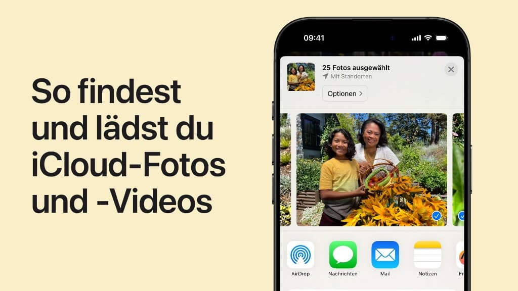 Apple Fotos — iCloud-Foto-Auswahl auf iPhone mit 25 ausgewählten Fotos und Optionen-Menü
