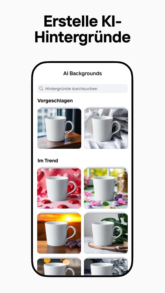Photoroom Erstelle KI-Hintergründe — KI generiert Produkt-Hintergründe für E-Commerce-Fotos
