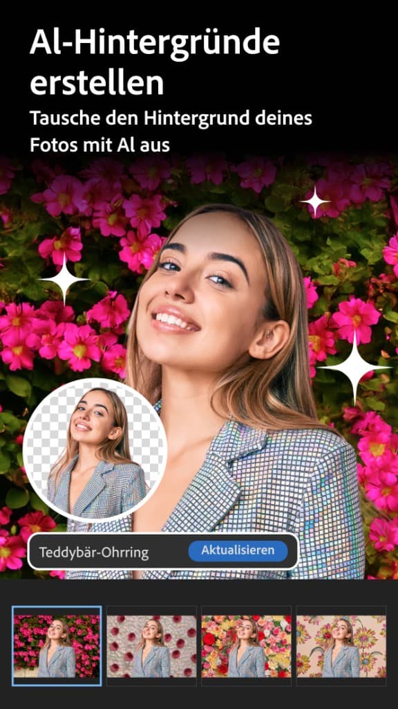 Adobe Photoshop Express — KI-Hintergründe-Funktion mit Portrait und Blumen-Hintergrund