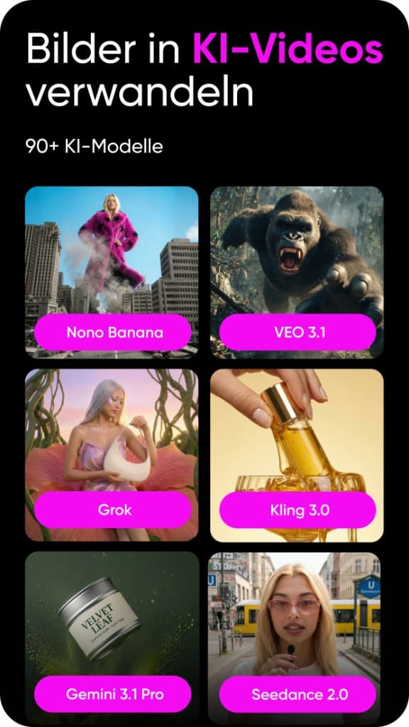 Picsart App — KI-Videogenerator mit 90+ Modellen (Veo, Kling, Gemini, Seedance)