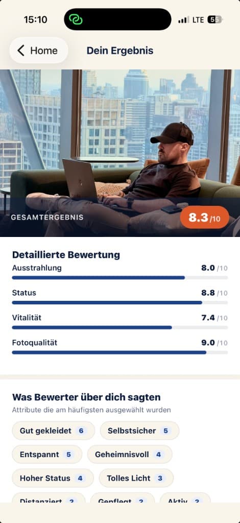 PicVibe Ergebnis-Screen — Gesamtwertung 8.3/10, Detail-Scores für Ausstrahlung, Status, Vitalität und Fotoqualität plus Tag-Wolke mit Bewerter-Feedback