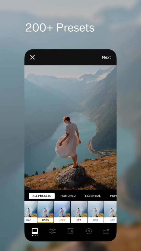 VSCO App mit 200+ Presets-Bibliothek und Filterauswahl