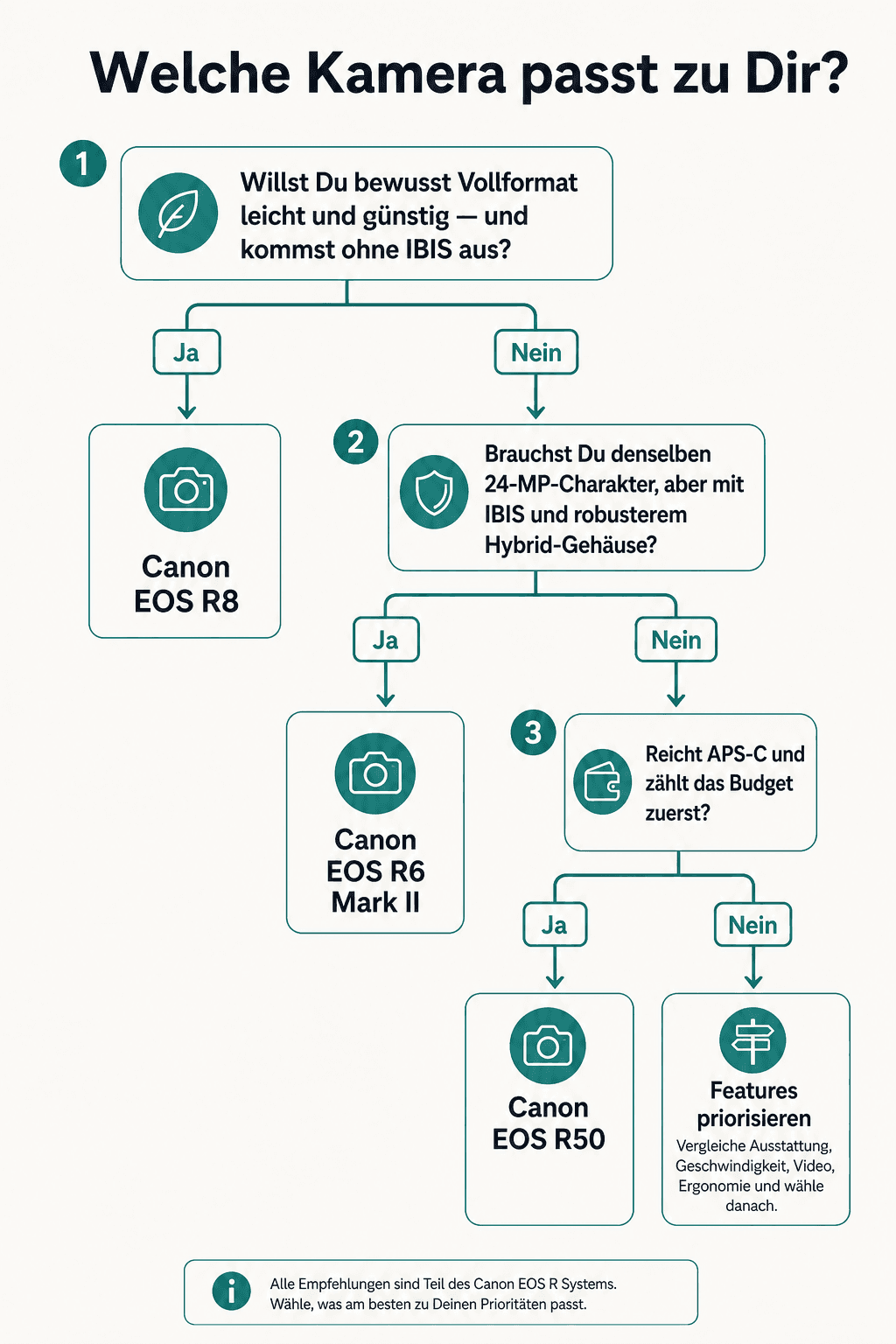Entscheidungsbaum: Canon EOS R8, R6 Mark II oder R50