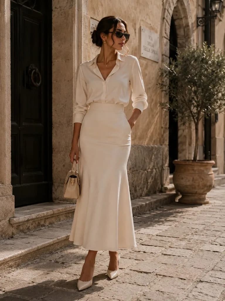 Elegante Frau in cremefarbenem Look in einer Mailänder Gasse