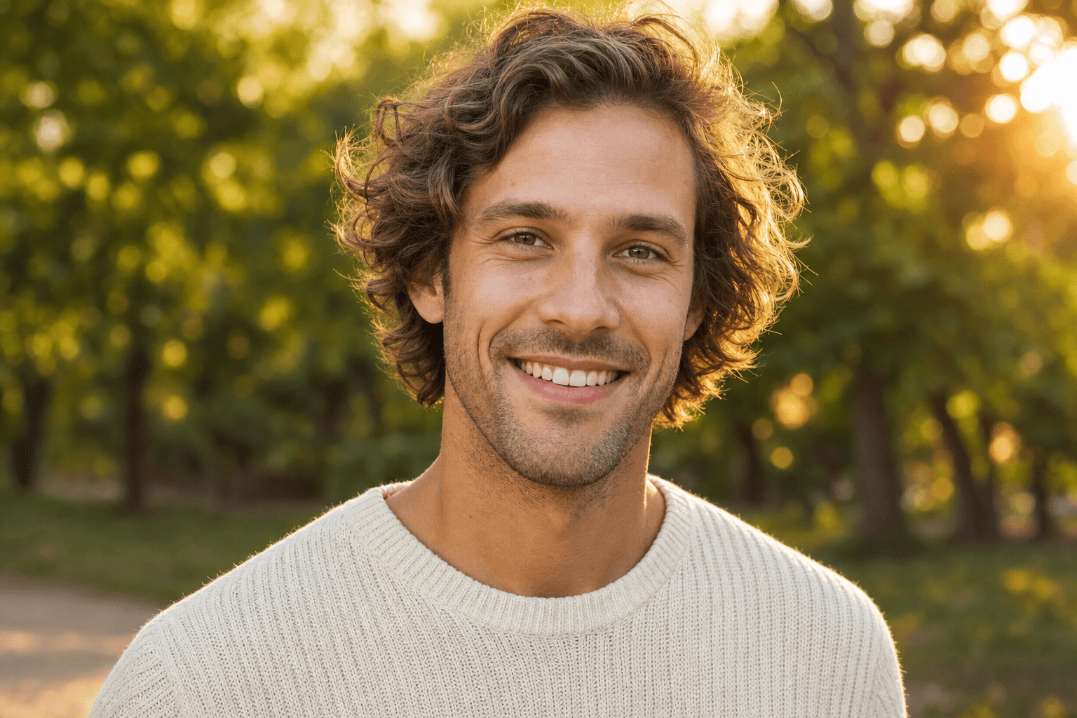 Example of a strong dating-app profile picture — man in his early 30s wearing a cream knit sweater outdoors in a park, warm natural golden-hour light, genuine smile, soft green bokeh background