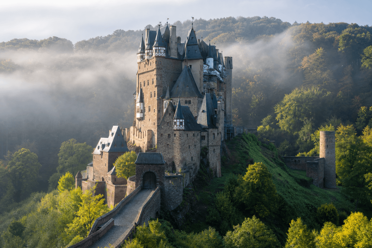 Burg Eltz im Eltztal umgeben von Wald