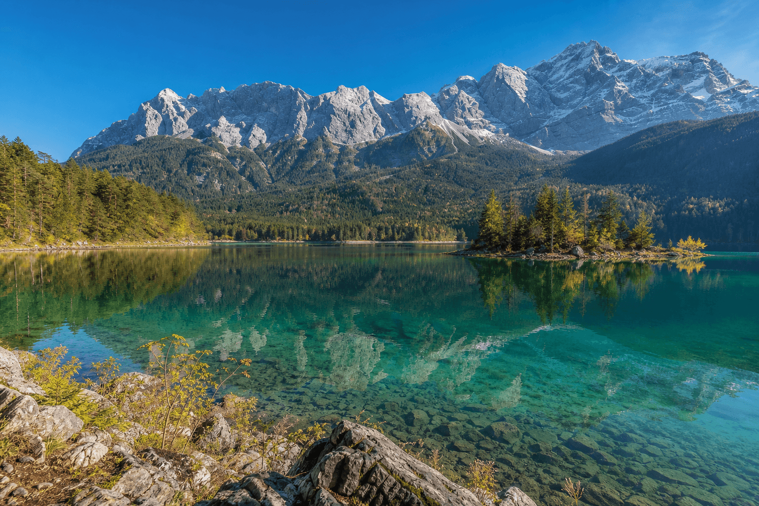 Eibsee mit Zugspitze und Spiegelung im Wasser