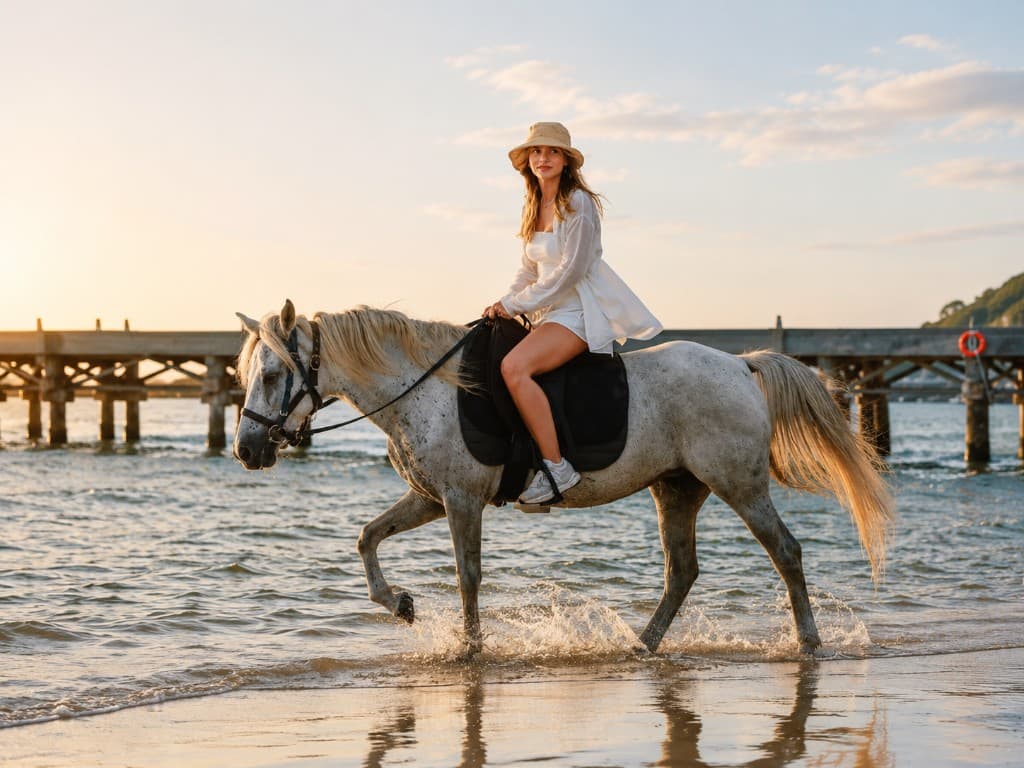 Reiten im Wasser am Strand bei Sonnenuntergang