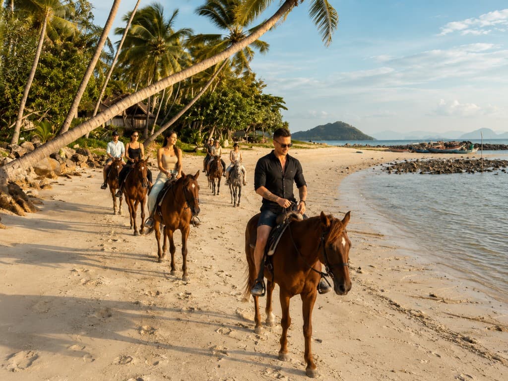 Sunset Horse Riding — Gruppe reitet am Strand bei Koh Samui