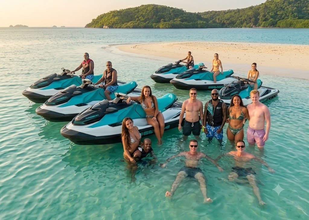 Gruppe mit Jetskis an einer Sandbank — Koh Tan