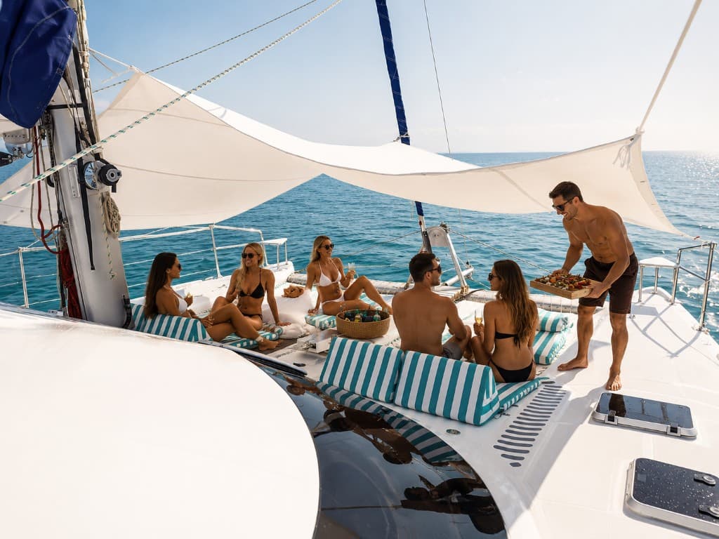Sonnendeck der Odyssey mit Liegen und Verpflegung an Bord