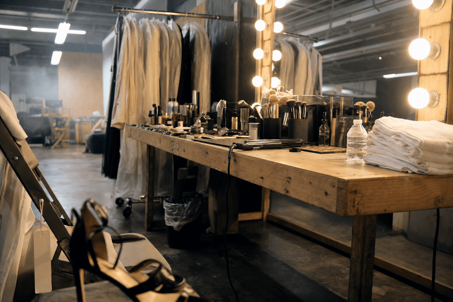 Backstage area of a fashion show in a quiet moment — makeup table with brushes and tools, illuminated vanity mirror, garment rack with dress bags, black heels in the foreground