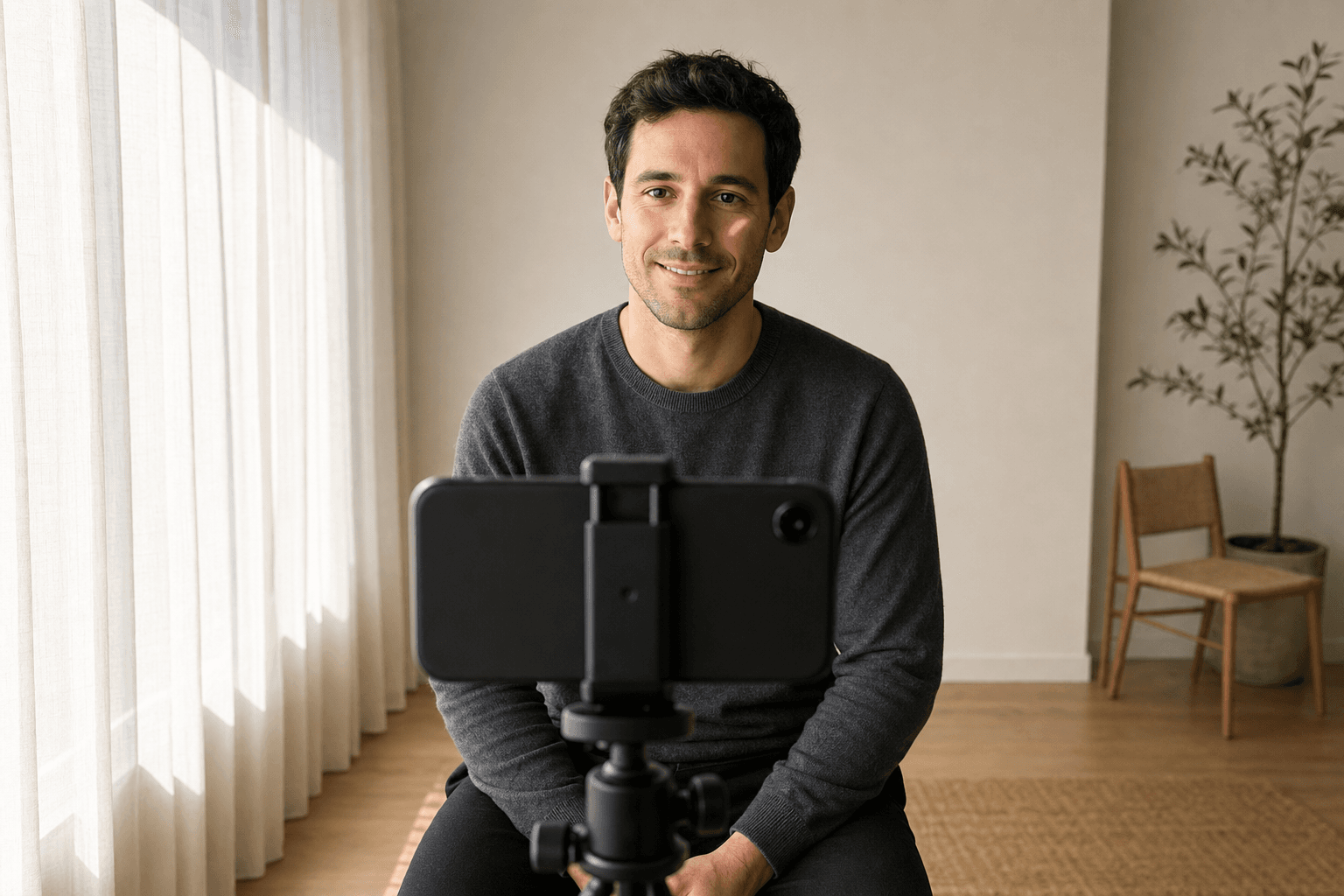 Correct window-light setup — window front on the left, smartphone on a tripod in the center, man sitting behind it softly illuminated by the side daylight (Rembrandt-style lighting with bright cheek and subtle shadow on the opposite side).