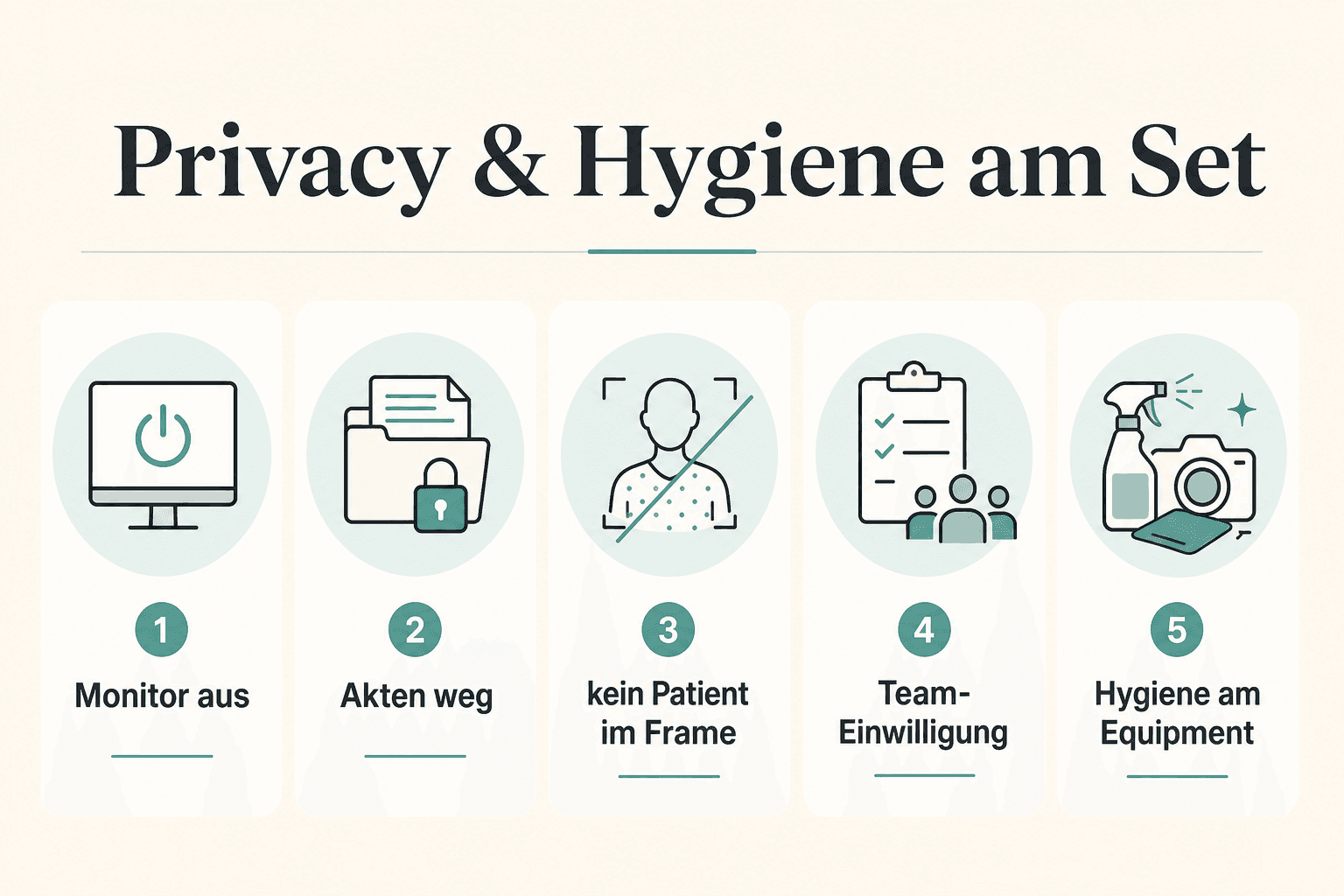 Infographic: privacy and hygiene on a practice set — monitors, files, waiting area, no patients