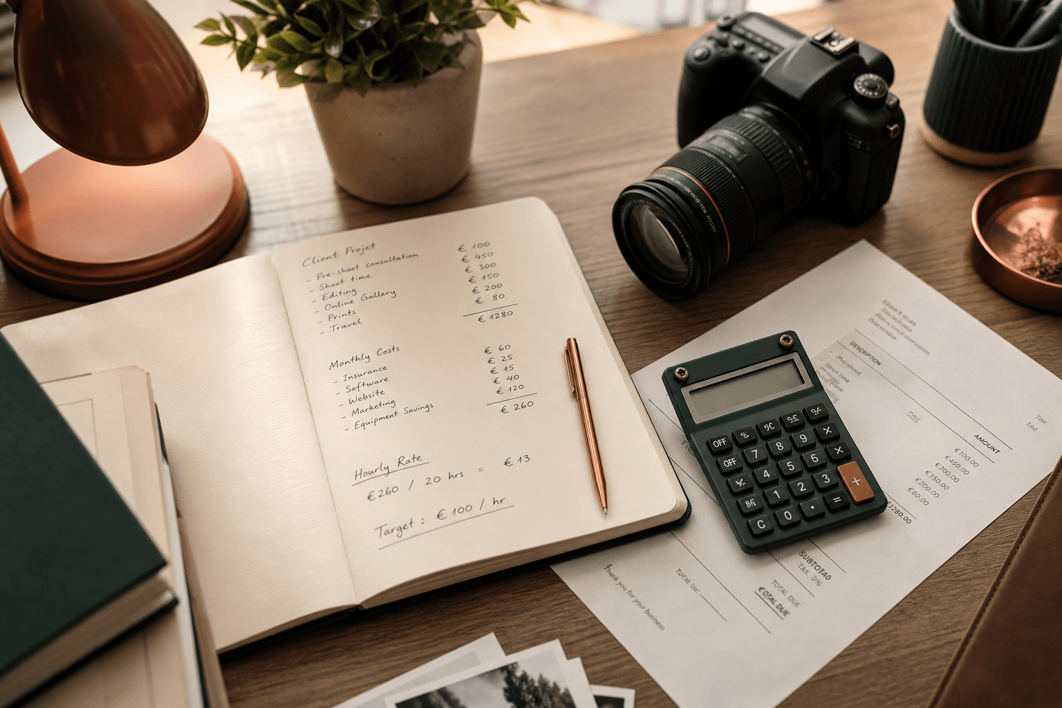 Photographer pricing guide — camera, calculator and notes on a desk