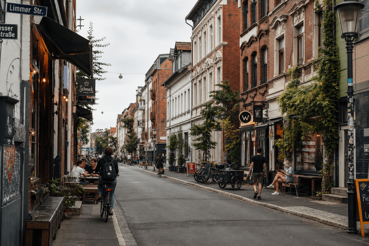 Linden Hannover — Limmerstraße mit Cafés und Backsteingotik