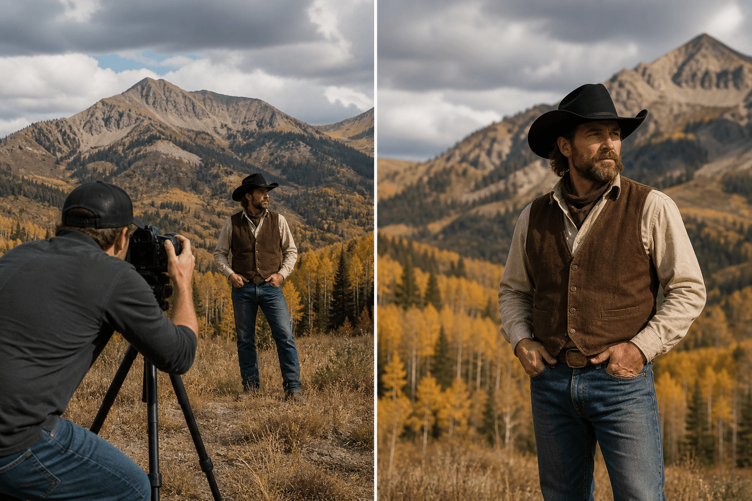 Cowboy Shot — AI illustration: left setup idea, right result look