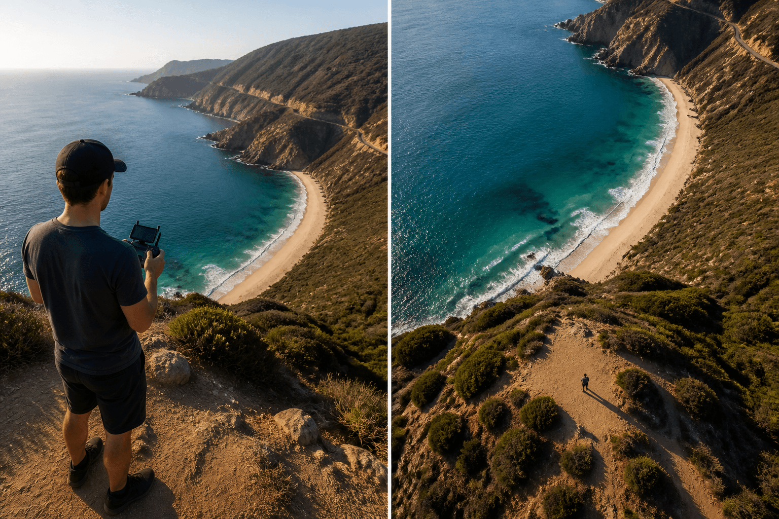 Aerial / Drone Shot — AI illustration: left setup idea, right result look