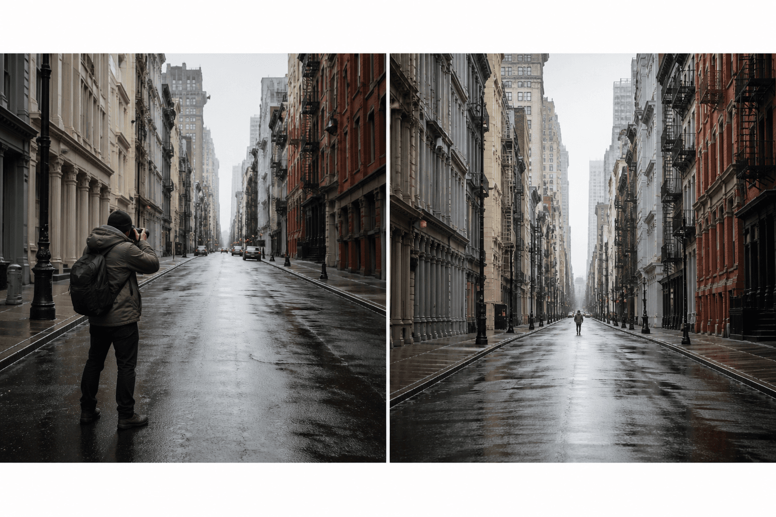 Establishing Shot — AI illustration: left setup idea, right result look