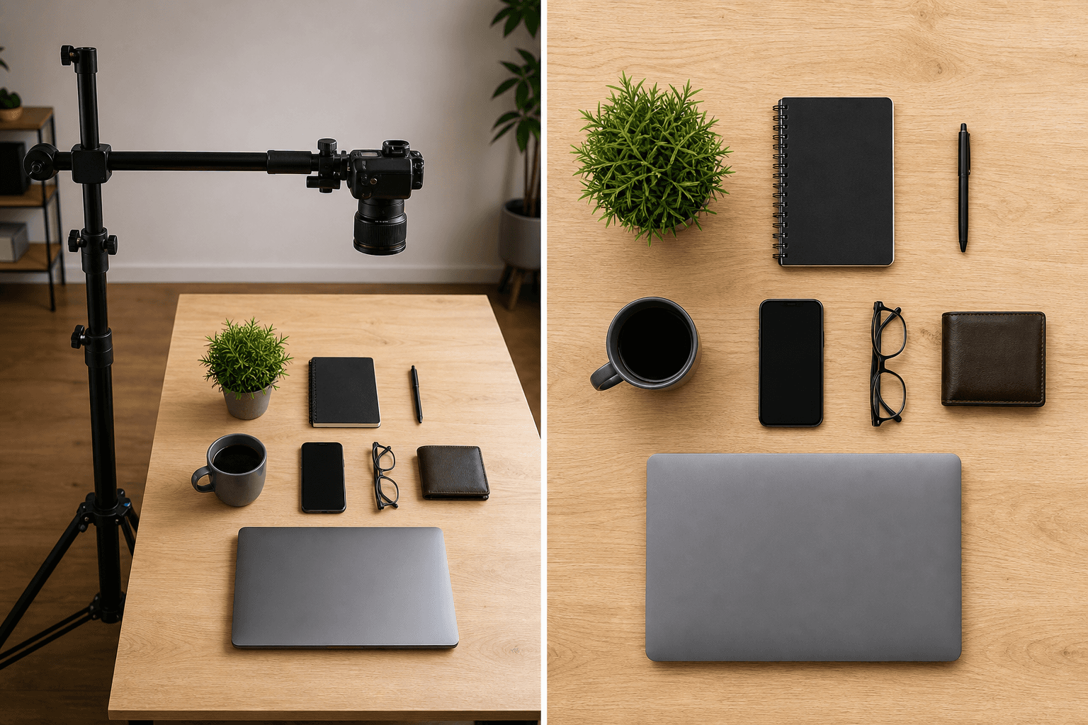 Flat Lay — AI illustration: left setup idea, right result look