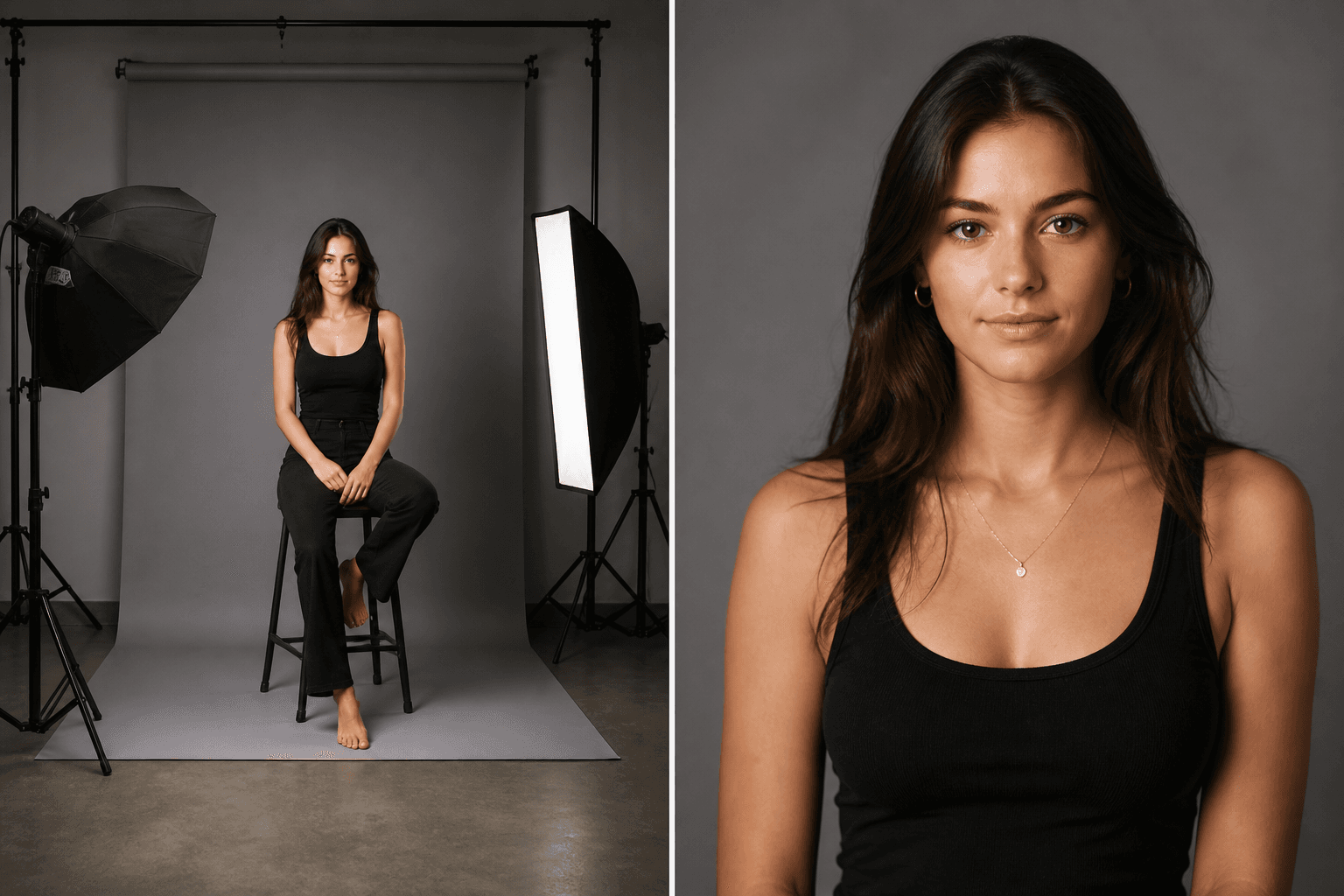 Frontal View / Full Face — AI illustration: left setup idea, right result look