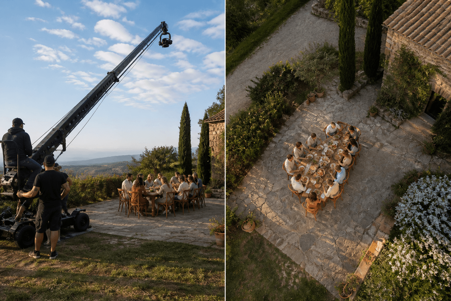 Crane Shot — AI illustration: left setup idea, right result look