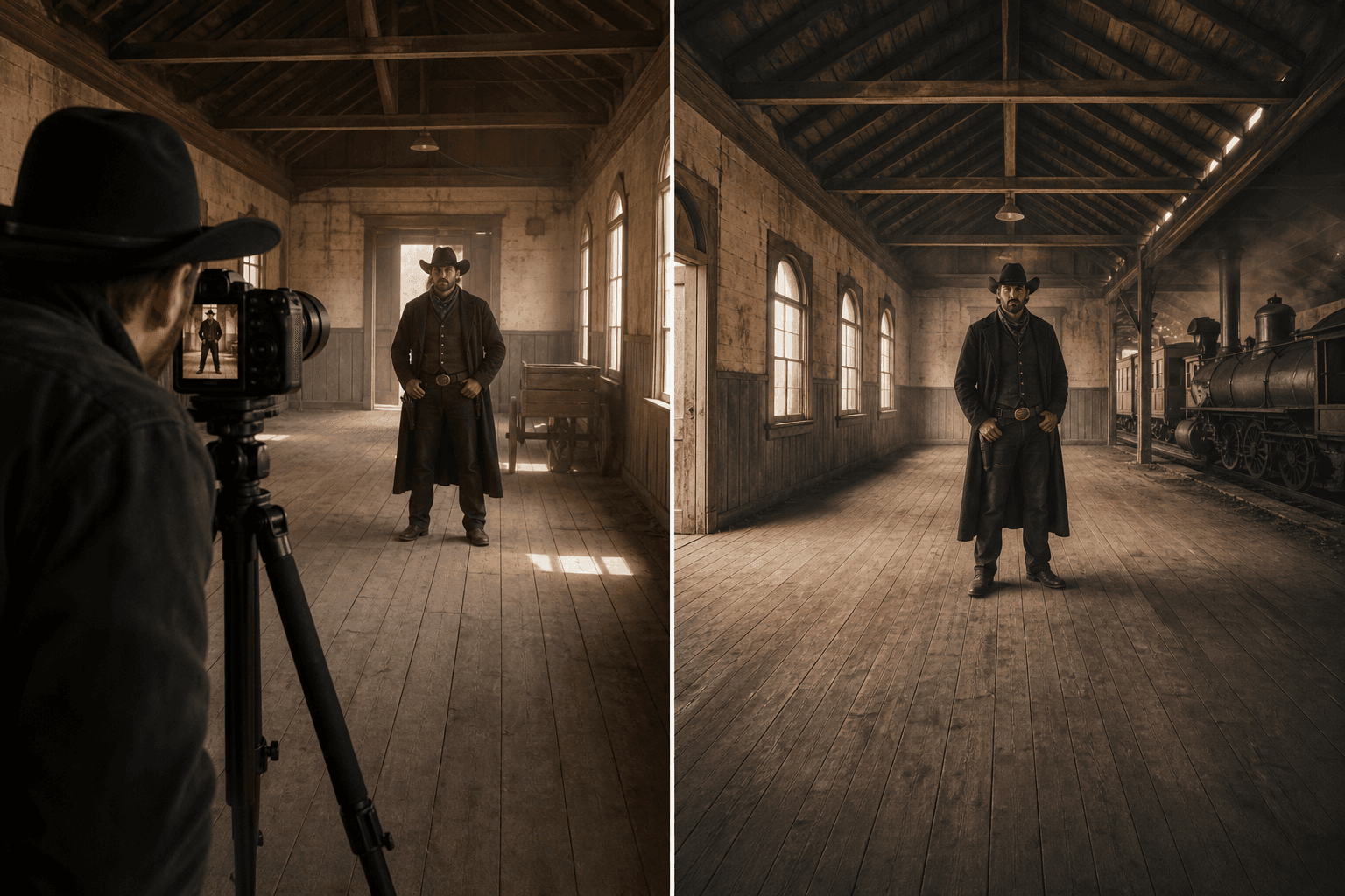 Wide Shot / Long Shot — AI illustration: left setup idea, right result look