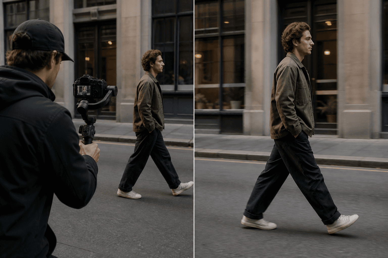 Tracking Shot — AI illustration: left setup idea, right result look