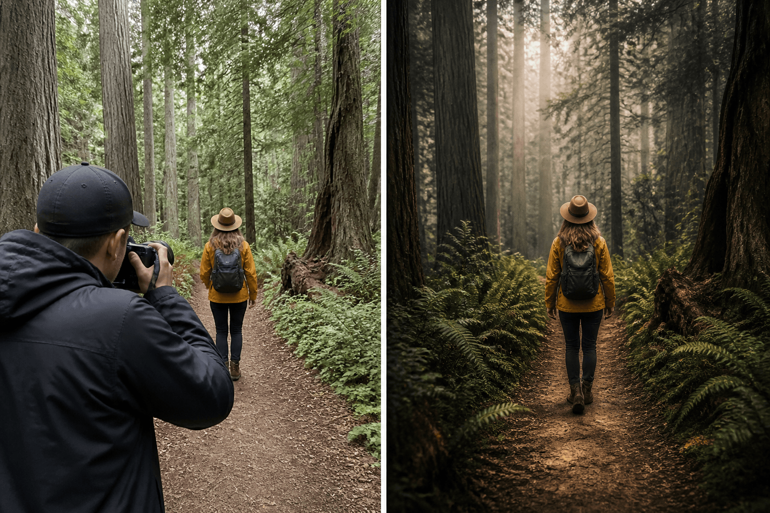Back View / From Behind — AI illustration: left setup idea, right result look