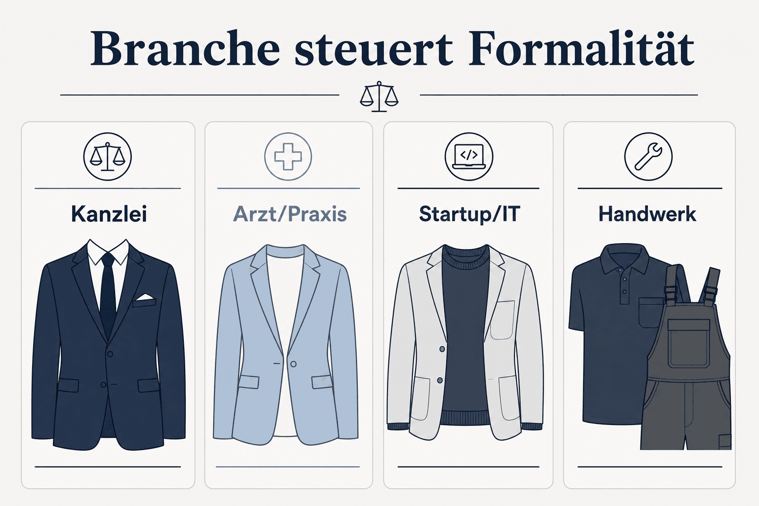 Infographic: clothing for business photos by industry — law firm, doctor, startup, trades
