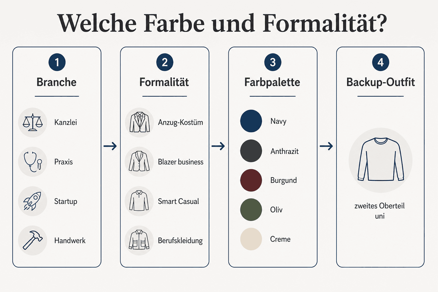 Decision tree: clothing for business photos — fit, color, pattern, backup
