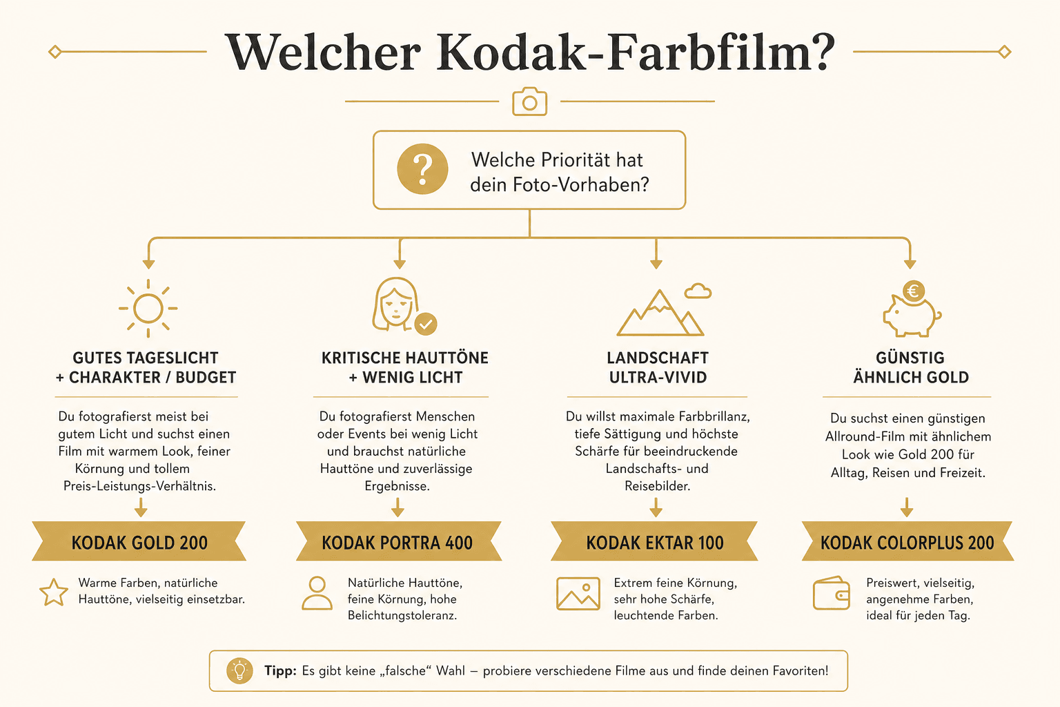 Entscheidungsbaum Kodak Gold 200 — wann Gold, wann Portra, ColorPlus oder Ektar