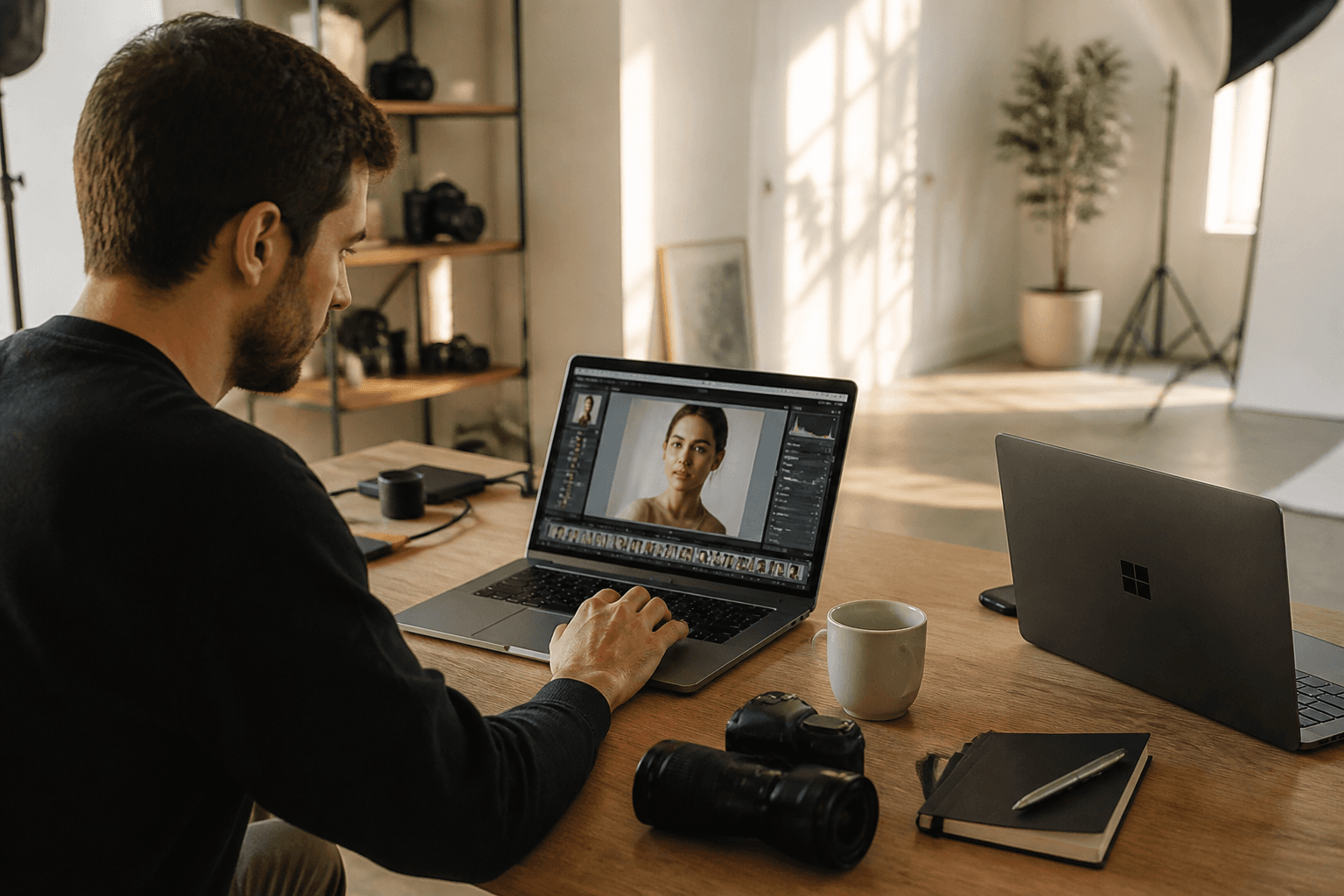 Laptop for photo editing — photographer editing images on a notebook in the studio