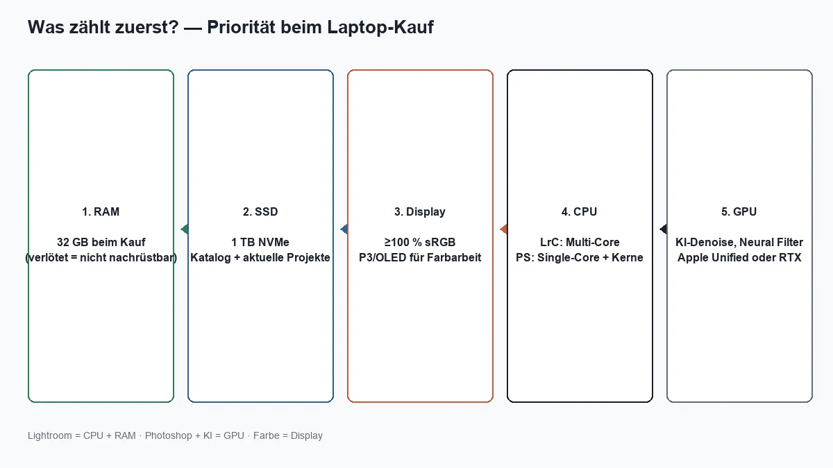 Laptop buying priority — RAM, SSD, display, CPU, GPU