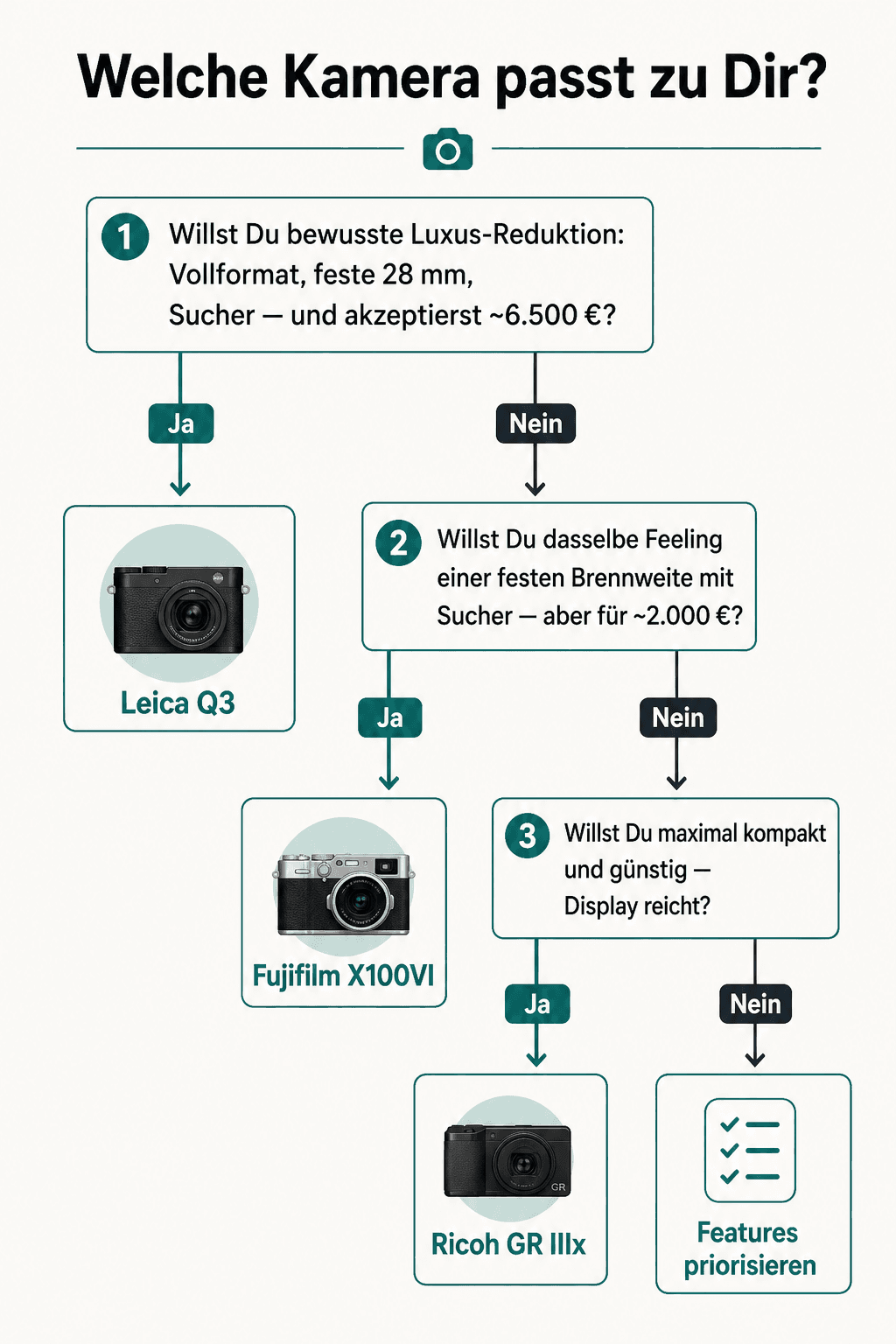 Entscheidungsbaum: Leica Q3, Fujifilm X100VI oder Ricoh GR IIIx
