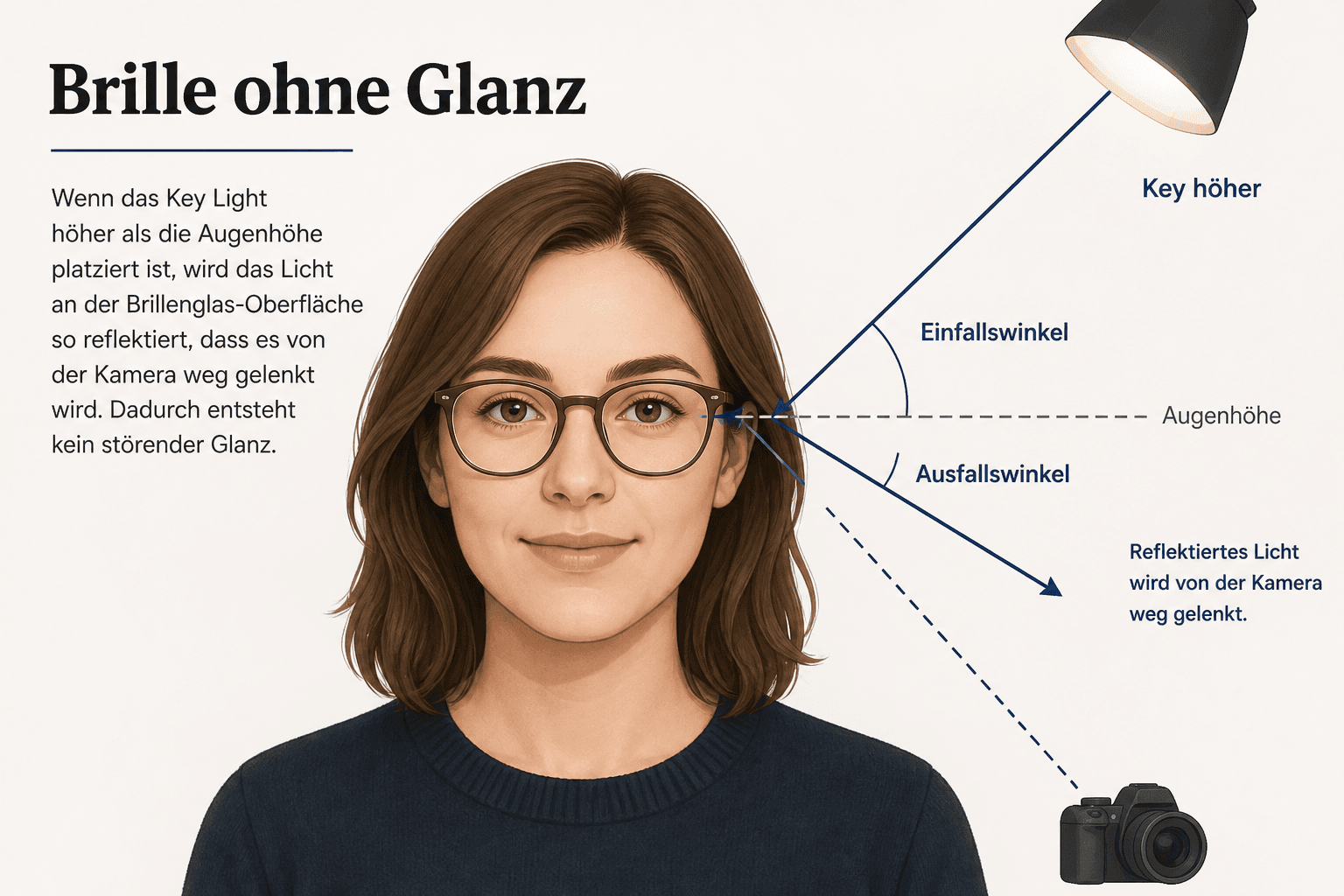 Brille ohne Glanz — Lichtwinkel und Softbox-Position für Businessporträts mit Brille