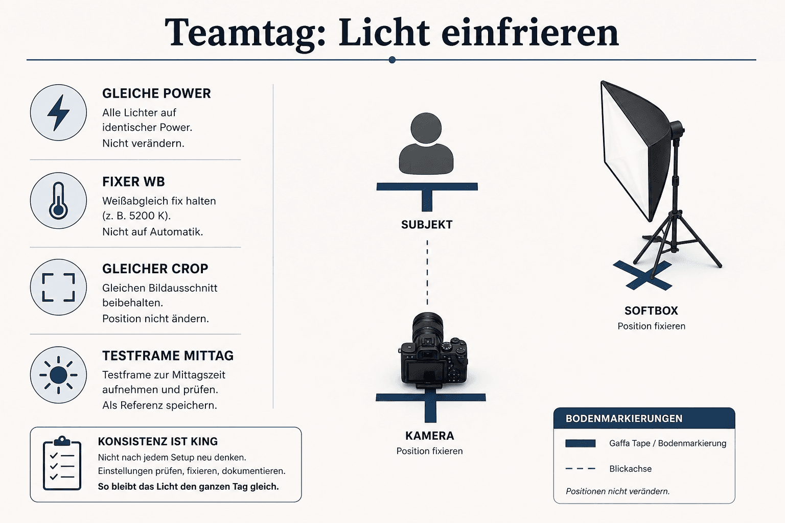 Teamtag Licht einfrieren — Tape-Marks, Softbox-Position und manuelle Blitzleistung