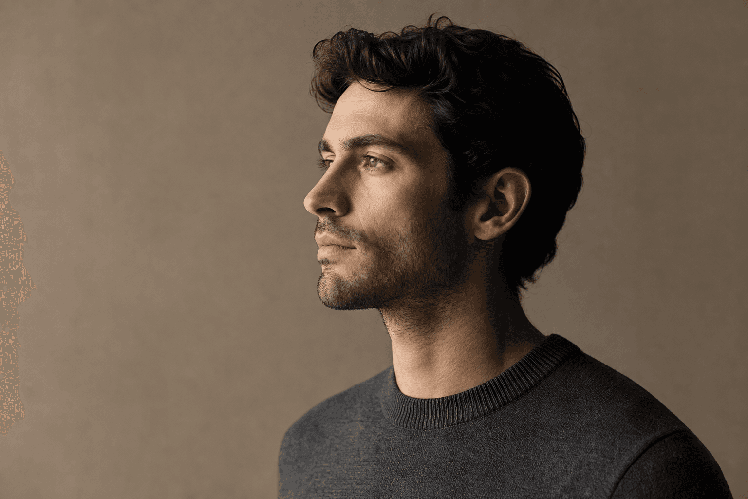 Editorial portrait of a male model in his late twenties in profile view with three-day stubble and dark sweater against a warm studio background
