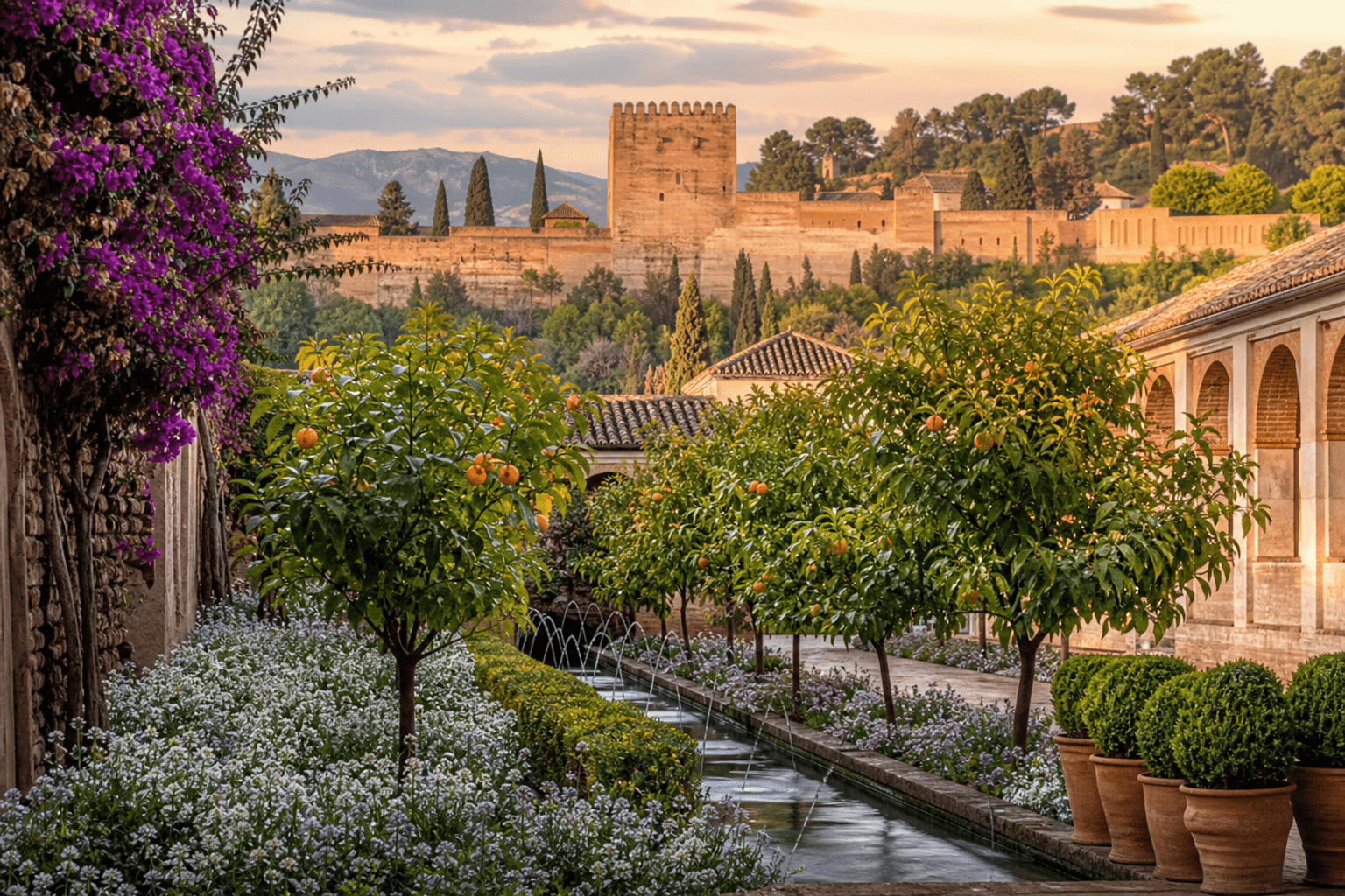 Andalusia — Alhambra Granada with snow-capped mountains and orange trees