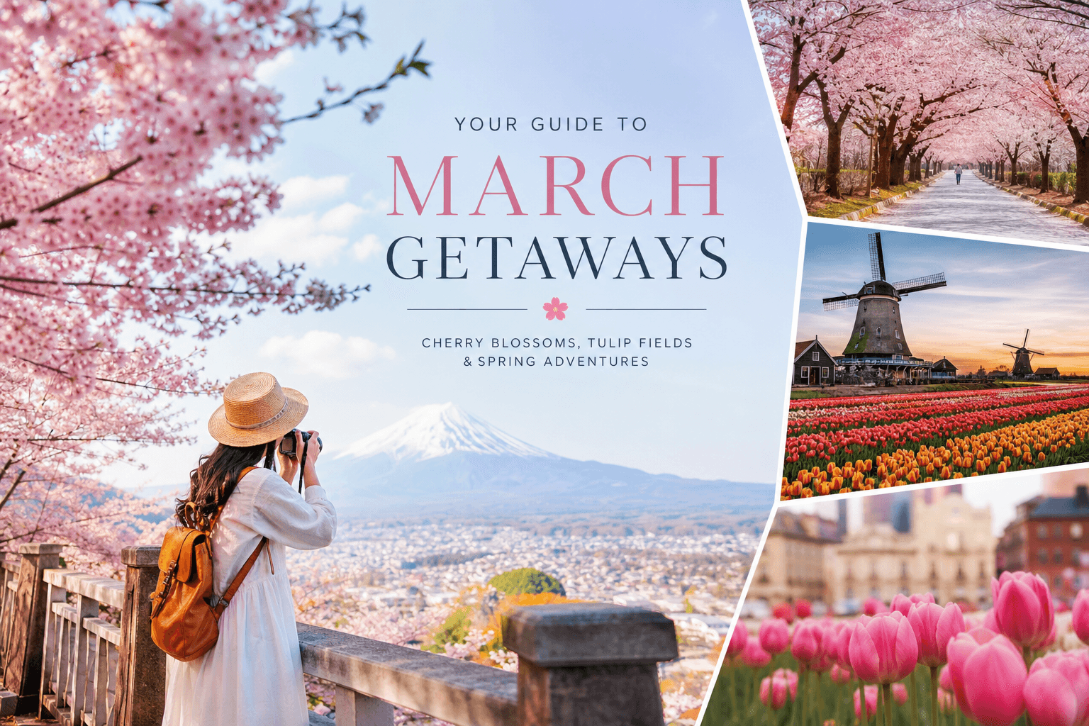 March travel destinations — spring trip with blossom, sun and coastal landscape