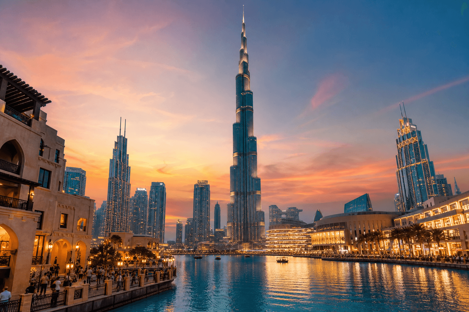 Dubai — Burj Khalifa and desert dunes at sunset