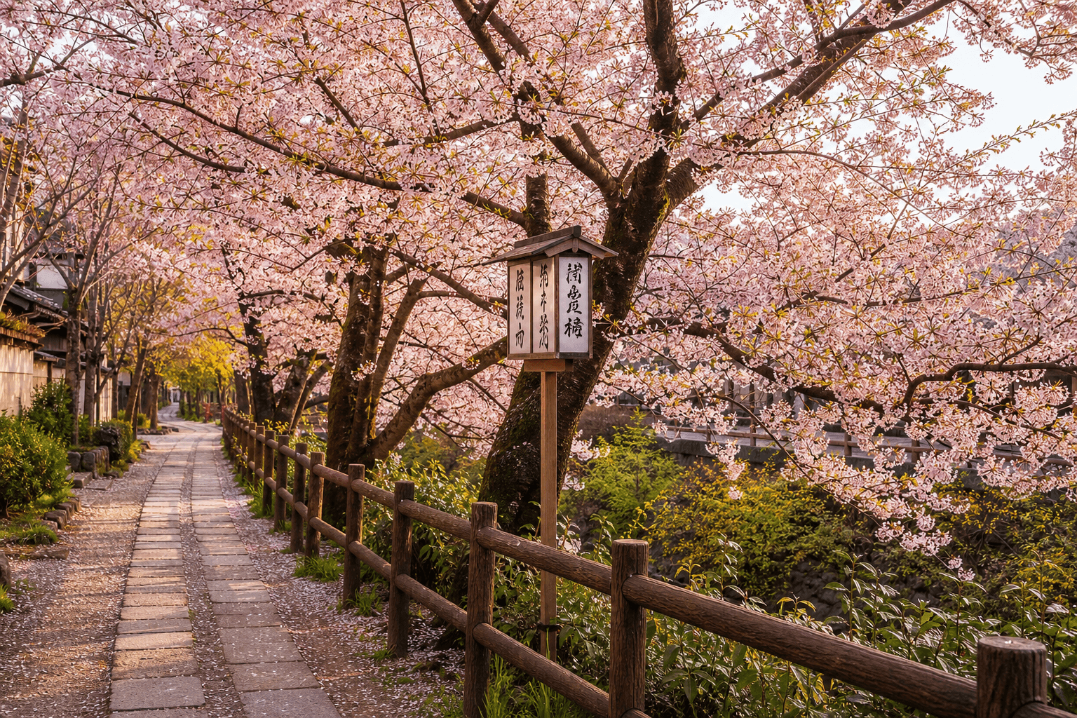 Japan — cherry blossom Sakura over temple and park in Kyoto