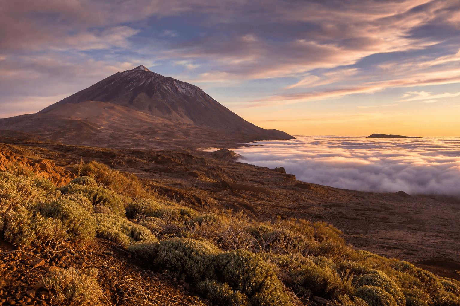 Canaries Tenerife — Teide volcano and Atlantic coast at sunset