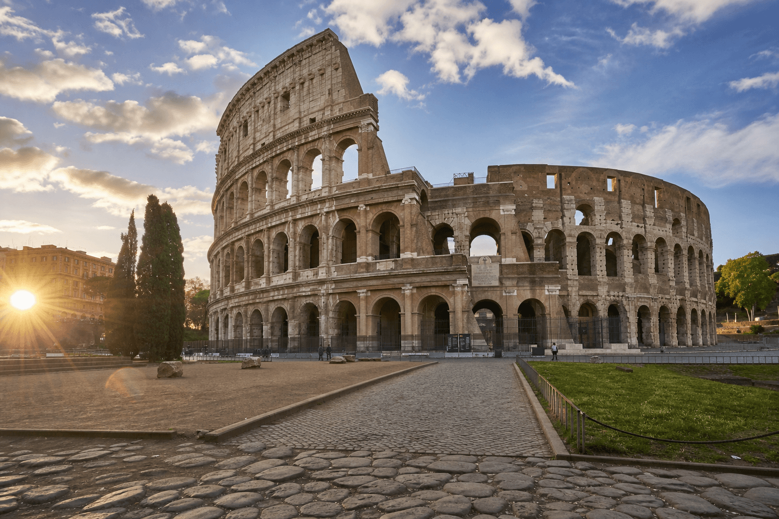 Rome — Colosseum and Roman Forum in golden spring light