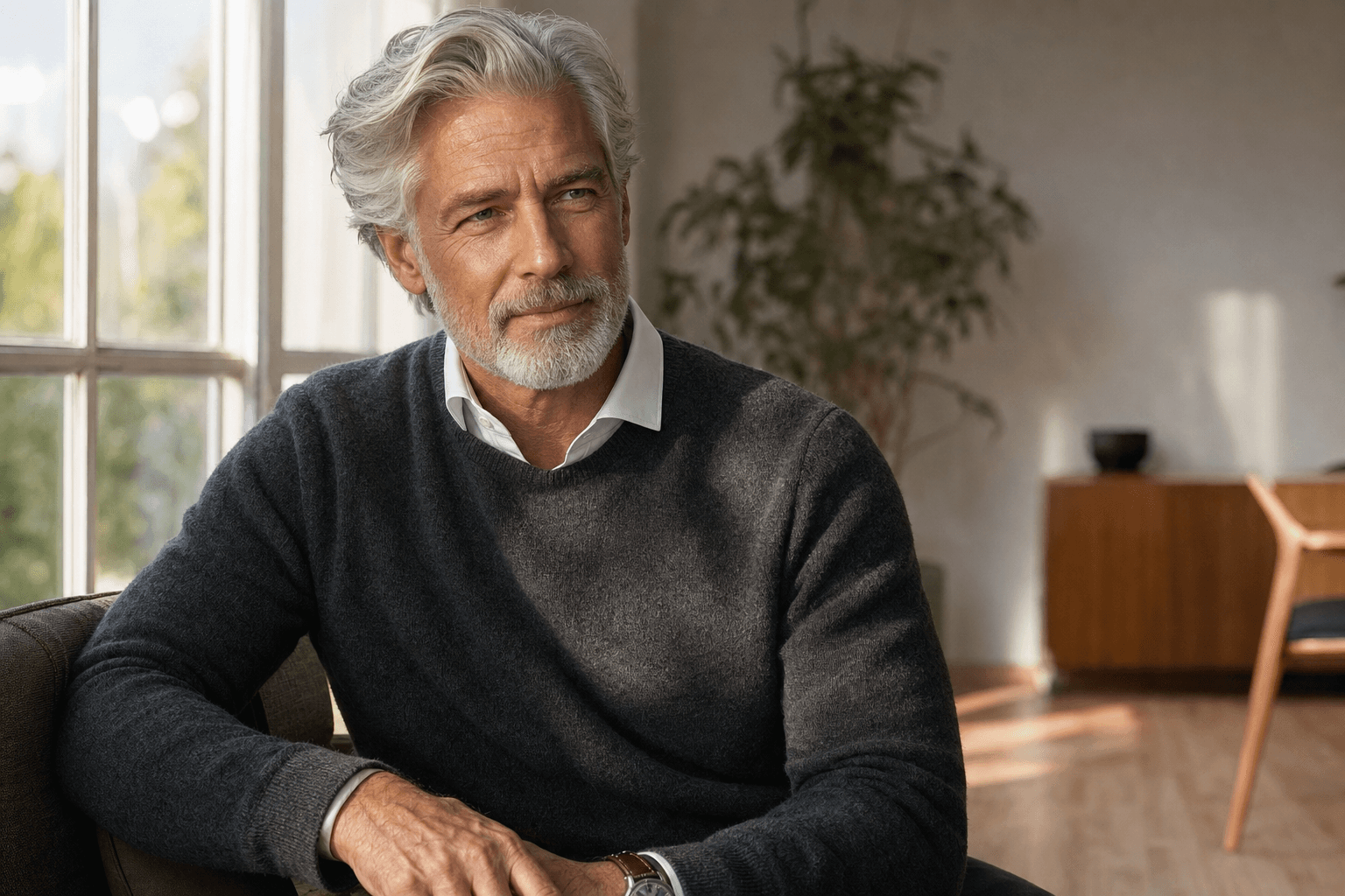 Mature male model in silver-fox style — distinguished man around 55 with silver-grey hair and well-kept beard in dark grey cashmere sweater in front of Scandinavian interior