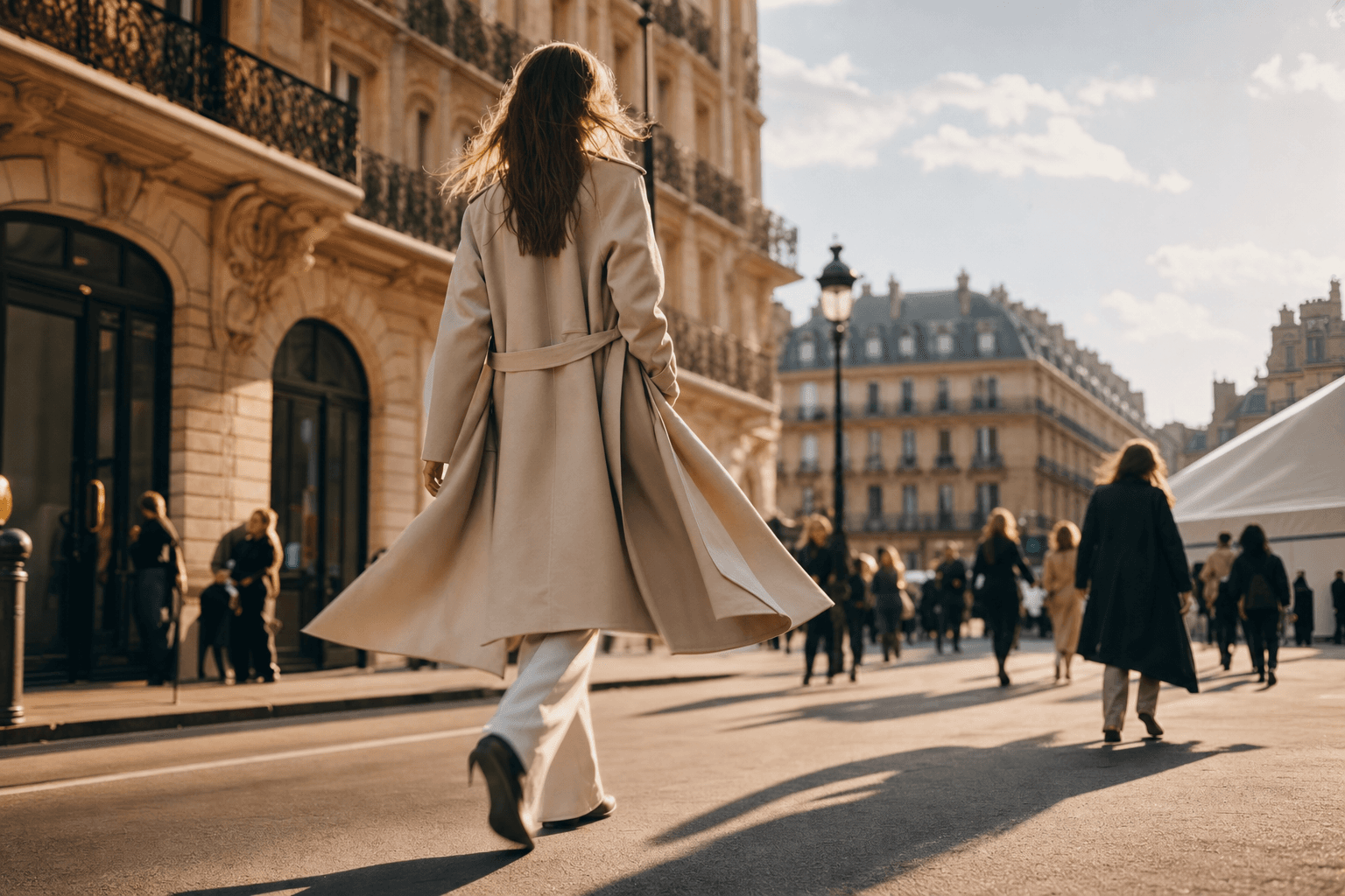 Editorial shot of a woman in a trench coat walking through a Paris-style boulevard during fashion week — symbol image for becoming a model in 2026