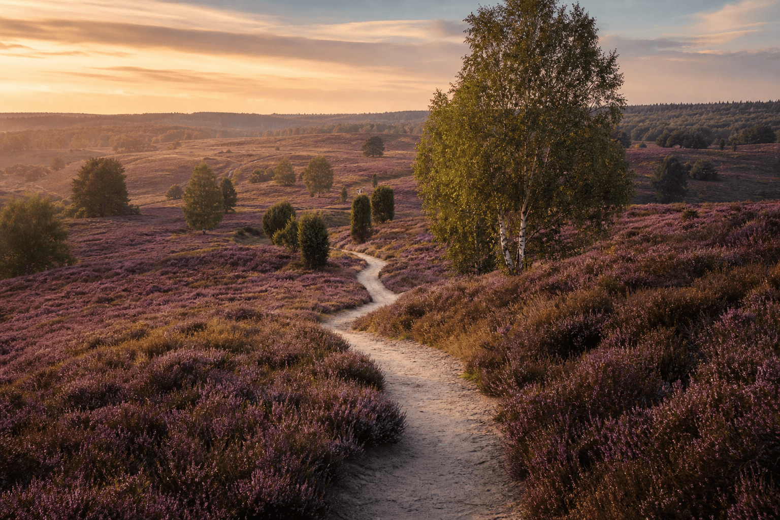 Lüneburger Heide — lila blühende Heidehügel in Niedersachsen