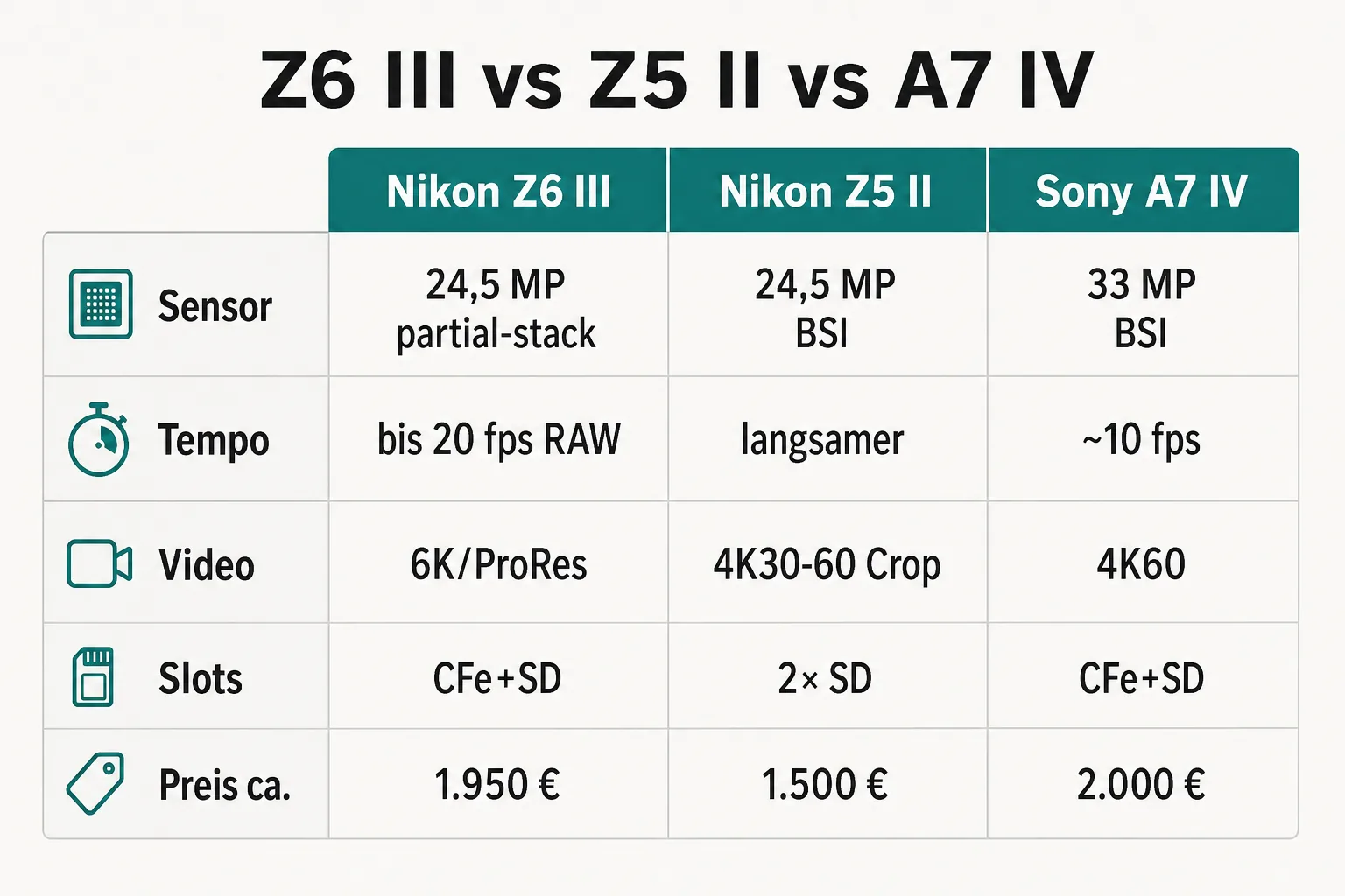 Vergleichsgrafik Nikon Z6 III, Nikon Z5 II und Sony A7 IV