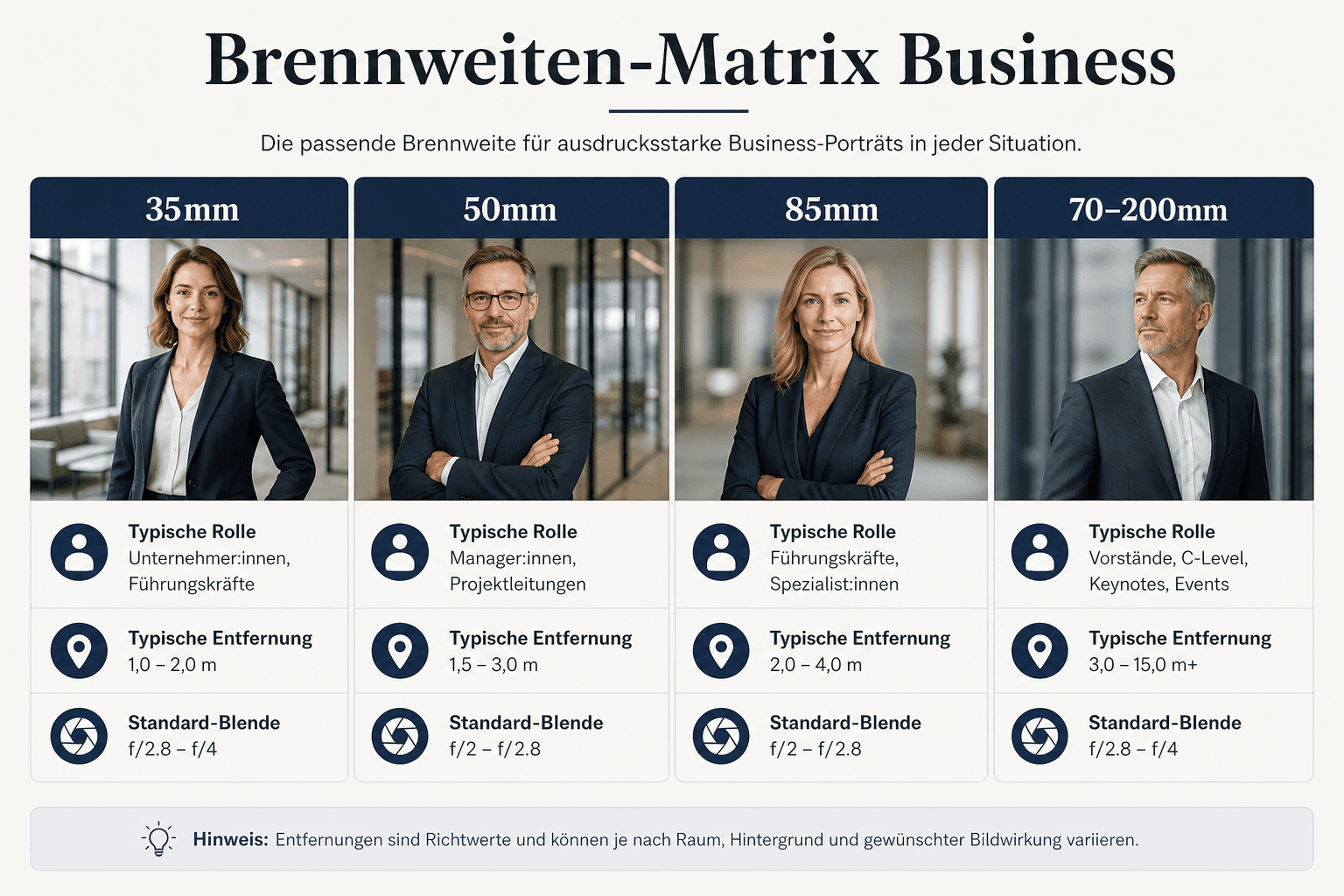 Brennweiten-Matrix Businessporträts — 85 mm, 50 mm, 70–200 mm, 35 mm im Überblick