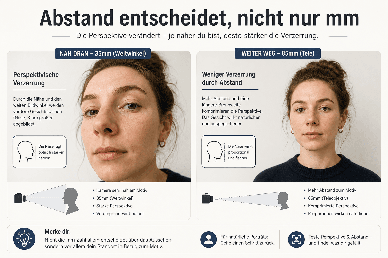 Verzerrung und Abstand bei Businessporträts — kurze Brennweite nah vs. 85 mm mit Abstand